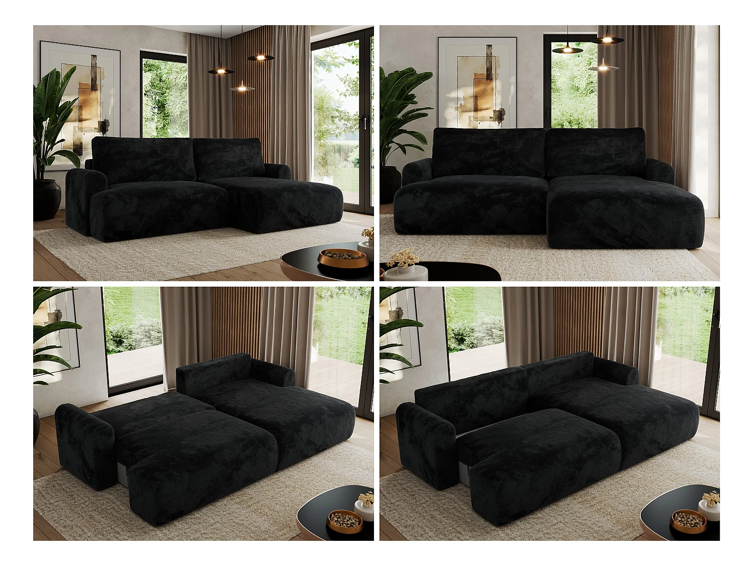 Ecksofa TONO - mit Schlaffunktion und Bettkasten, L-form Ecke, Armlehnen - Schwarz Plüsch - Ecke Rechts