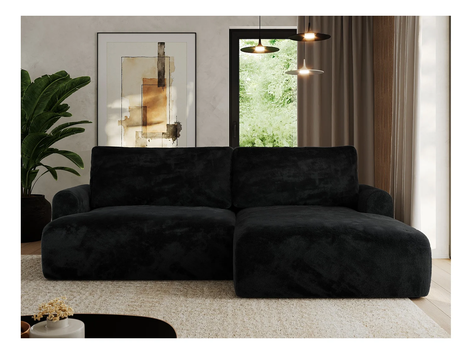 Ecksofa TONO - mit Schlaffunktion und Bettkasten, L-form Ecke, Armlehnen - Schwarz Plüsch - Ecke Rechts