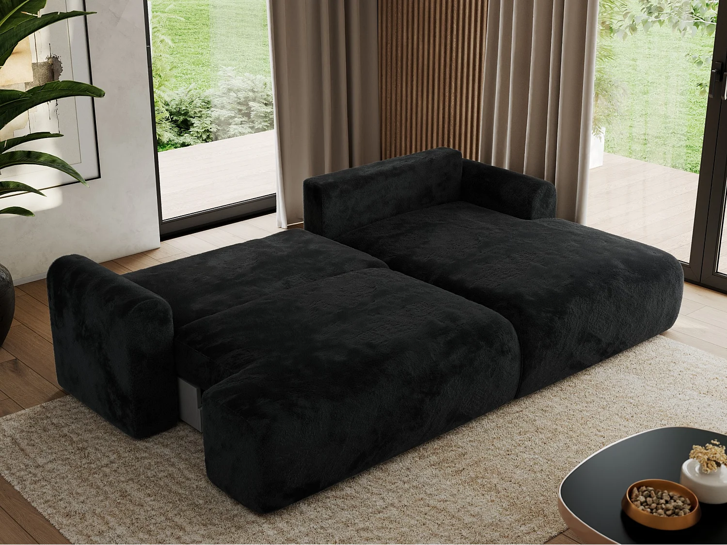 Ecksofa TONO - mit Schlaffunktion und Bettkasten, L-form Ecke, Armlehnen - Schwarz Plüsch - Ecke Rechts