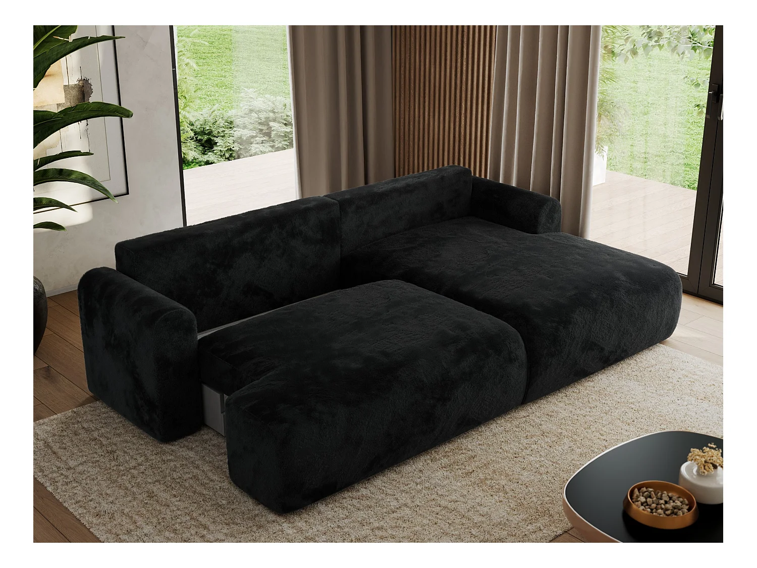 Ecksofa TONO - mit Schlaffunktion und Bettkasten, L-form Ecke, Armlehnen - Schwarz Plüsch - Ecke Rechts