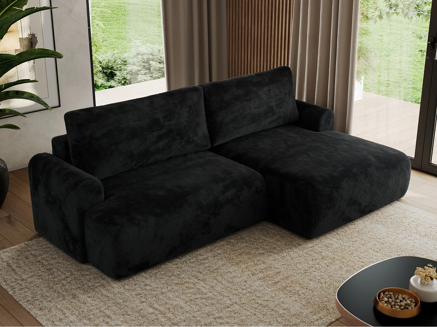 Ecksofa TONO - mit Schlaffunktion und Bettkasten, L-form Ecke, Armlehnen - Schwarz Plüsch - Ecke Rechts