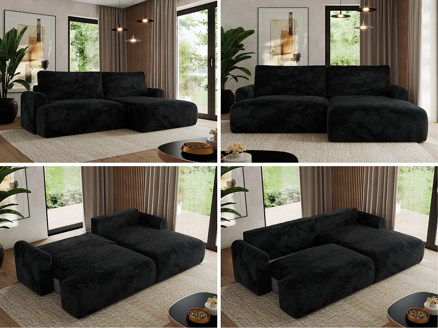 Ecksofa TONO - mit Schlaffunktion und Bettkasten, L-form Ecke, Armlehnen - Schwarz Plüsch - Ecke Rechts