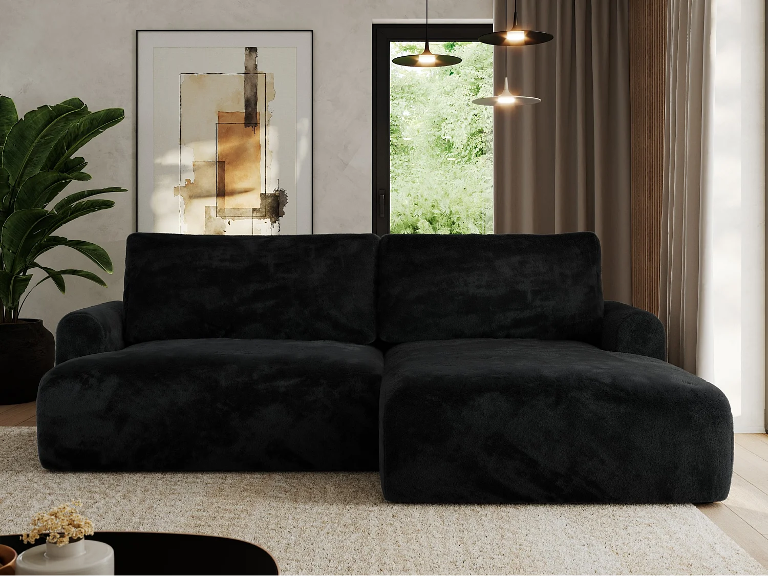 Ecksofa TONO - mit Schlaffunktion und Bettkasten, L-form Ecke, Armlehnen - Schwarz Plüsch - Ecke Rechts