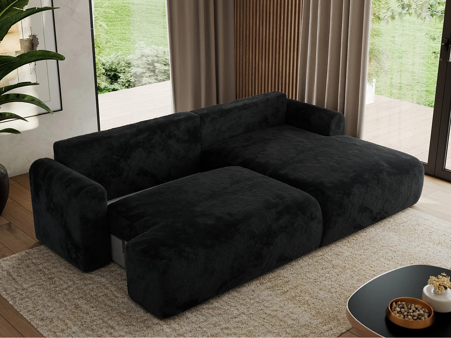 Ecksofa TONO - mit Schlaffunktion und Bettkasten, L-form Ecke, Armlehnen - Schwarz Plüsch - Ecke Rechts