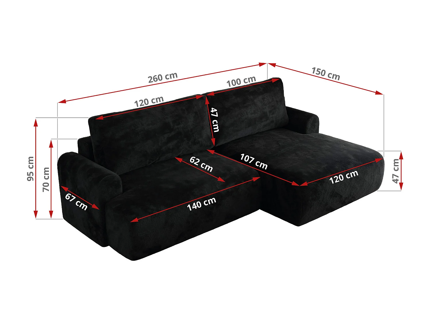 Ecksofa TONO - mit Schlaffunktion und Bettkasten, L-form Ecke, Armlehnen - Schwarz Plüsch - Ecke Rechts