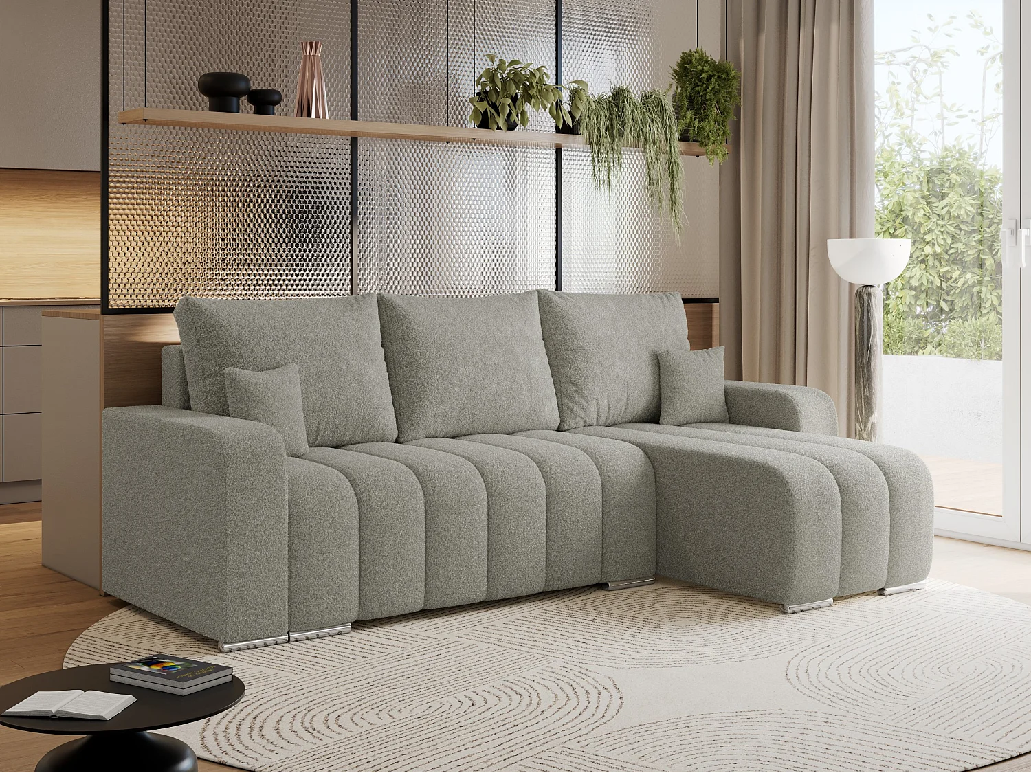 Ecksofa KIRASSO - universelles mit Schlaffunktion und Bettkasten, lose Kissen, Armlehnen - Hellgrau Boucle