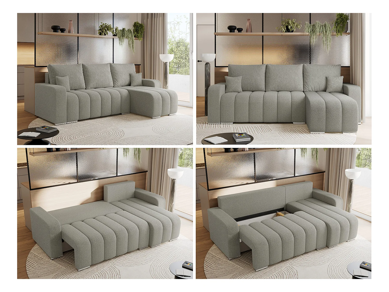 Ecksofa KIRASSO - universelles mit Schlaffunktion und Bettkasten, lose Kissen, Armlehnen - Hellgrau Boucle