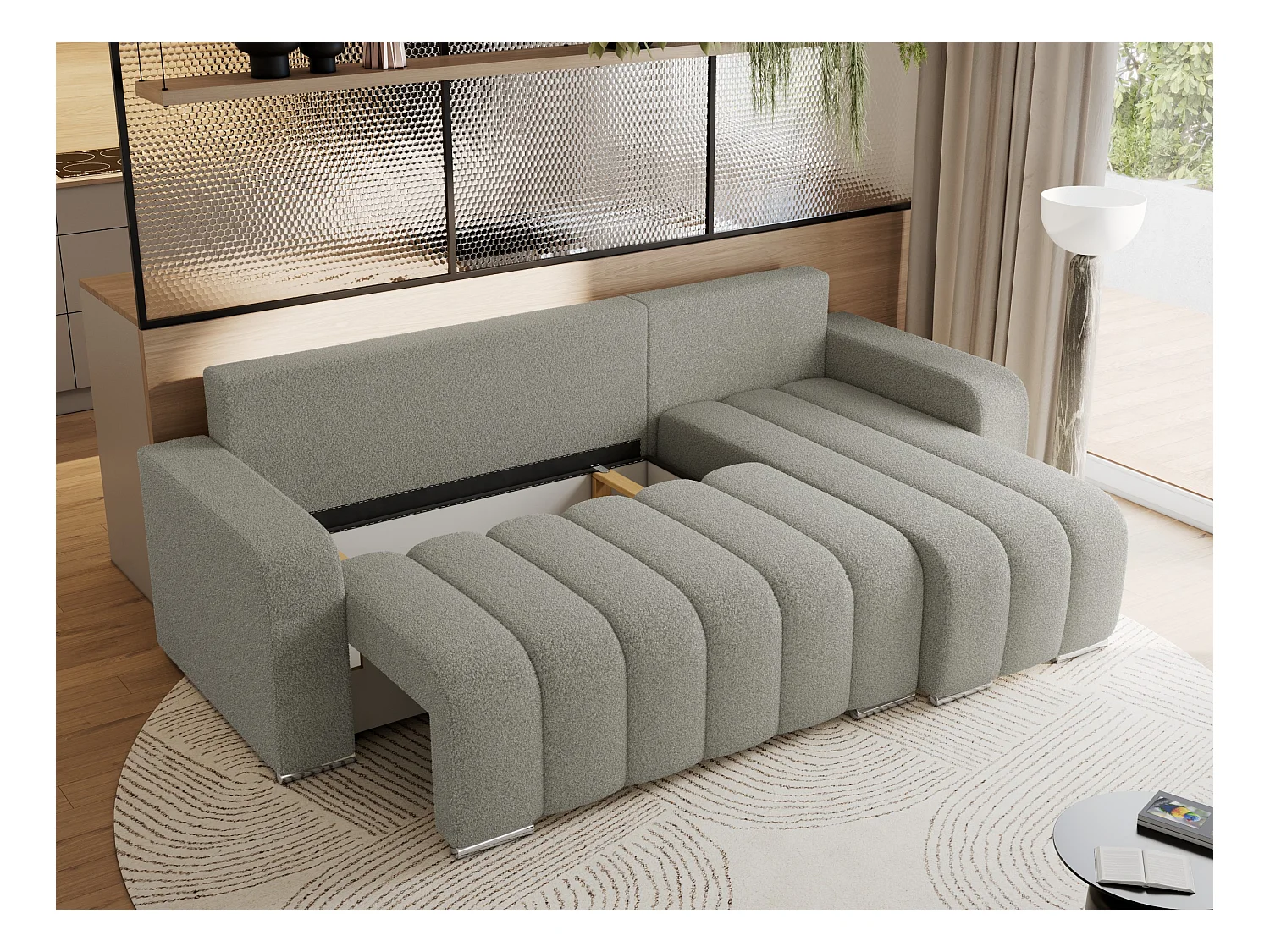 Ecksofa KIRASSO - universelles mit Schlaffunktion und Bettkasten, lose Kissen, Armlehnen - Hellgrau Boucle