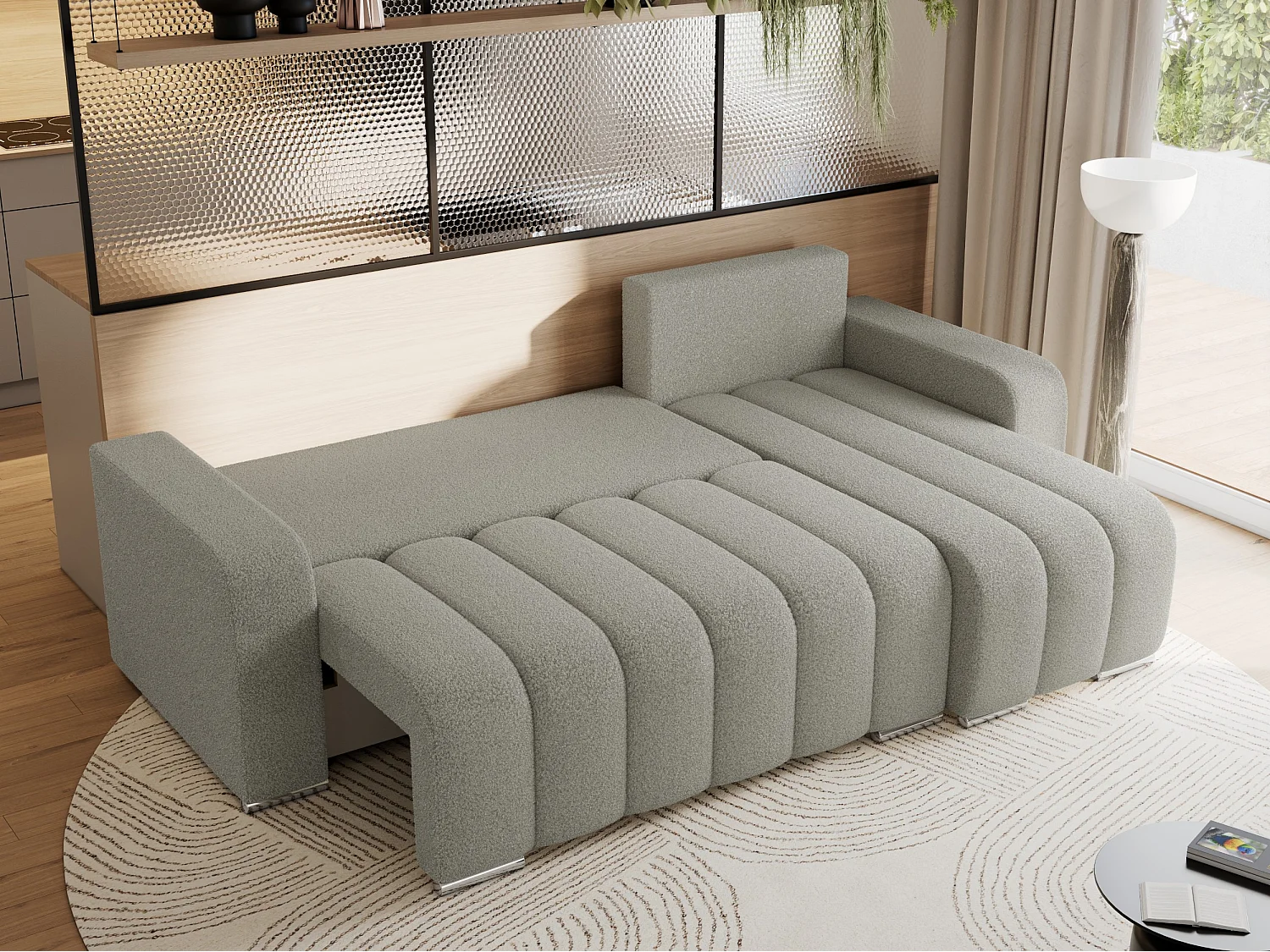 Ecksofa KIRASSO - universelles mit Schlaffunktion und Bettkasten, lose Kissen, Armlehnen - Hellgrau Boucle