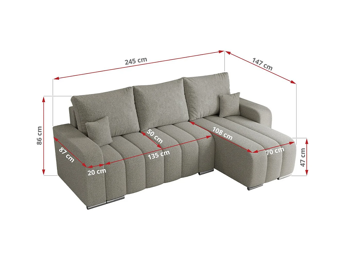 Ecksofa KIRASSO - universelles mit Schlaffunktion und Bettkasten, lose Kissen, Armlehnen - Hellgrau Boucle