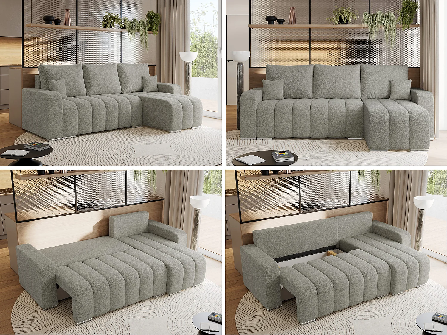 Ecksofa KIRASSO - universelles mit Schlaffunktion und Bettkasten, lose Kissen, Armlehnen - Hellgrau Boucle