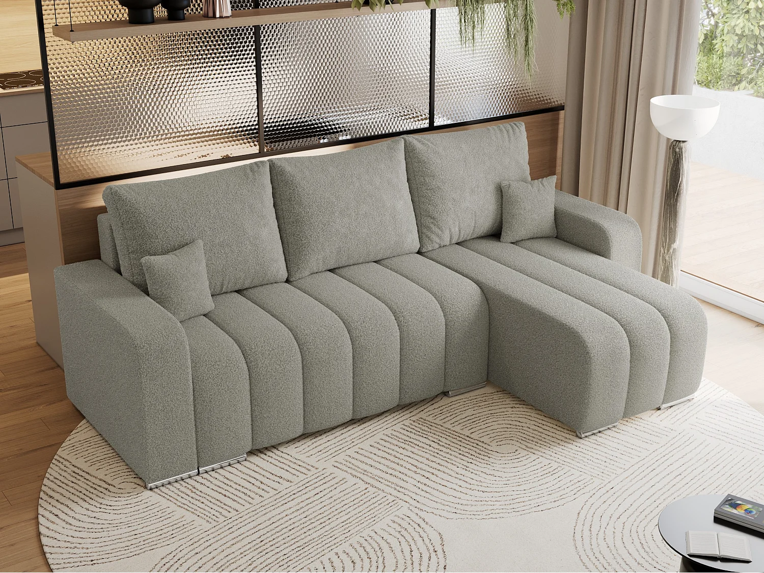 Ecksofa KIRASSO - universelles mit Schlaffunktion und Bettkasten, lose Kissen, Armlehnen - Hellgrau Boucle