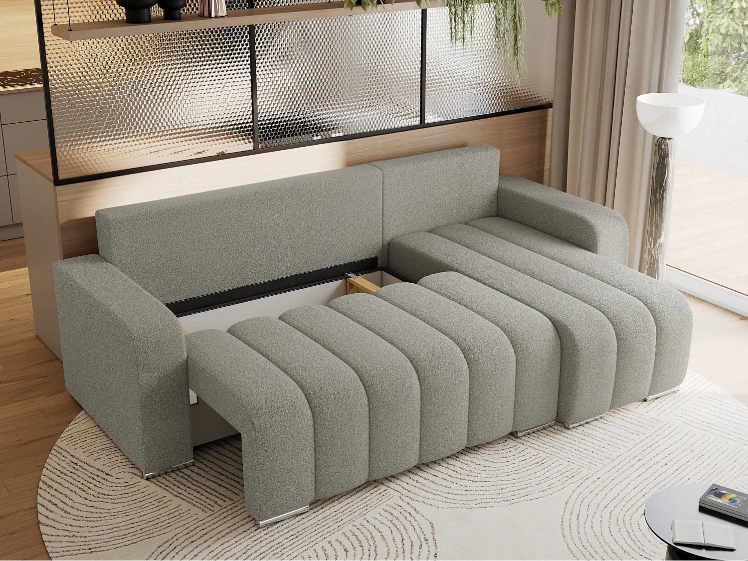 Ecksofa KIRASSO - universelles mit Schlaffunktion und Bettkasten, lose Kissen, Armlehnen - Hellgrau Boucle