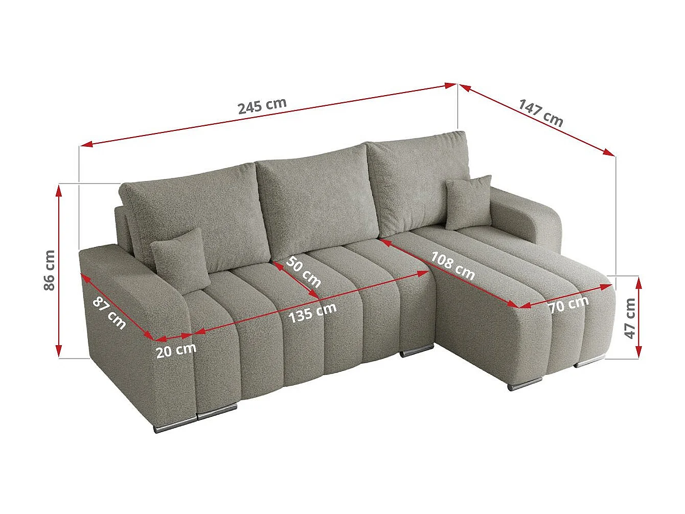 Ecksofa KIRASSO - universelles mit Schlaffunktion und Bettkasten, lose Kissen, Armlehnen - Hellgrau Boucle