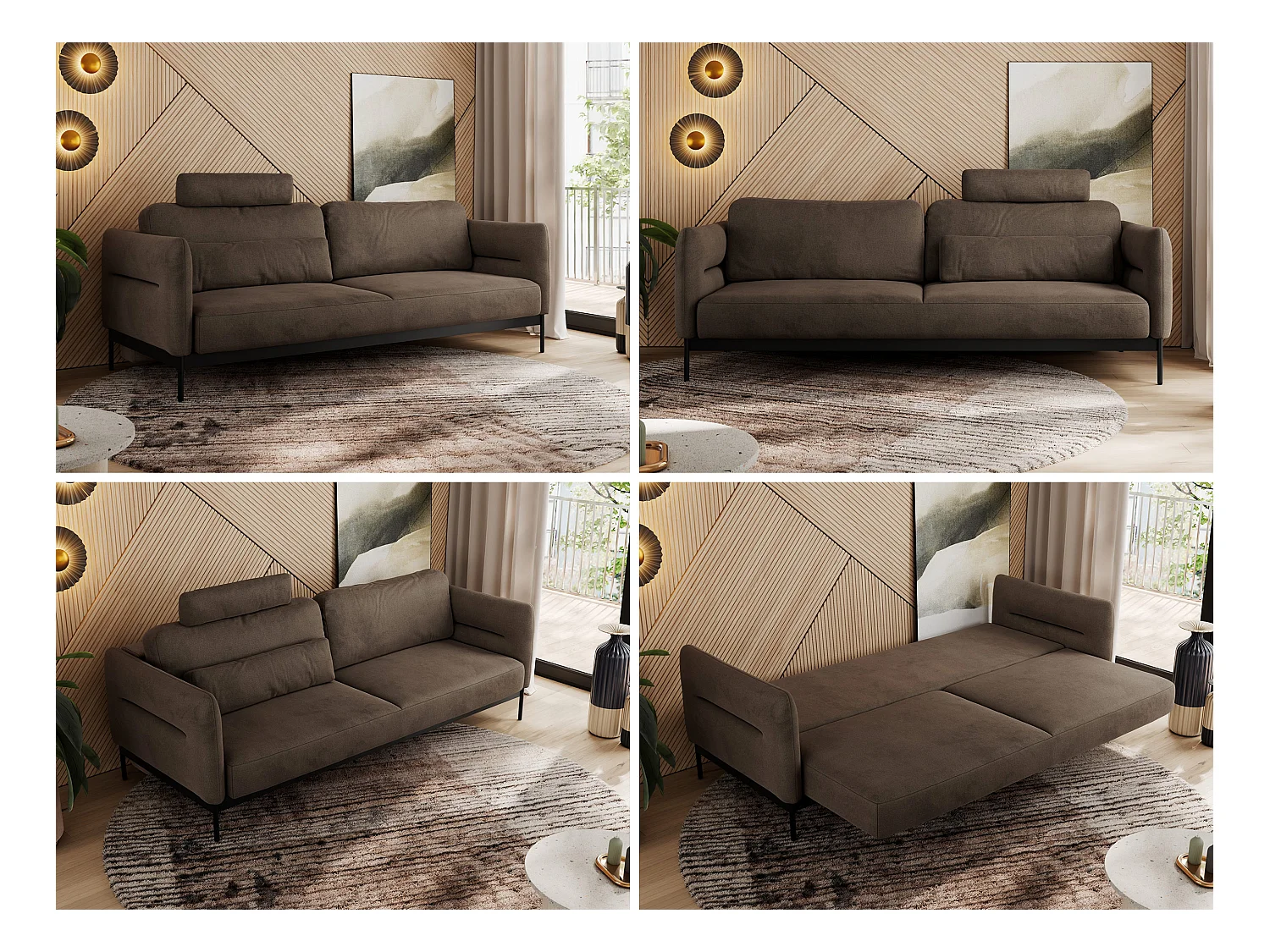 Sofa SALENTO - 3-Sitzer mit Metallbeine, mobile Kopfstütze, Schlafsofa mit lose Kissen - Braun Velvet
