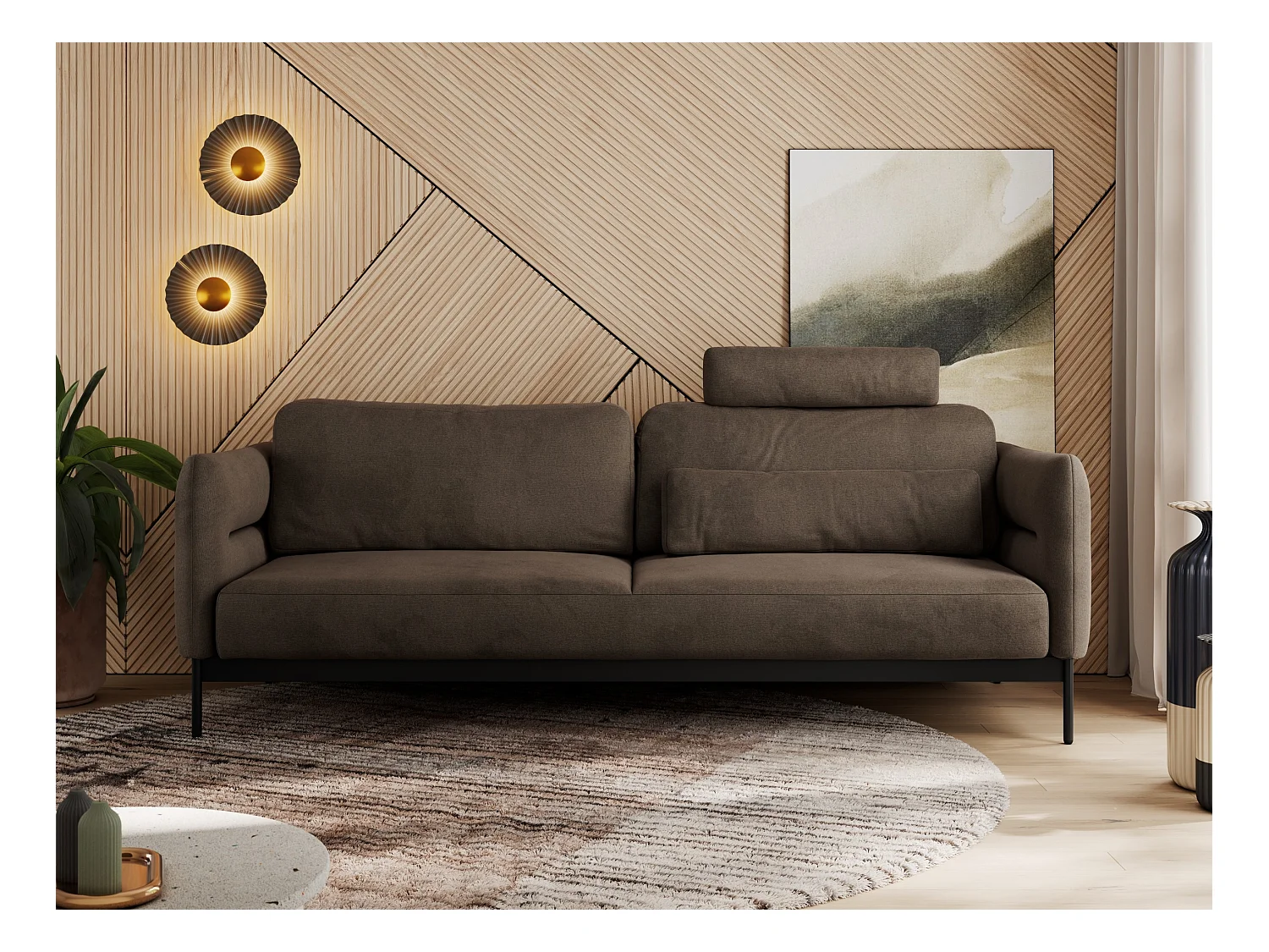 Sofa SALENTO - 3-Sitzer mit Metallbeine, mobile Kopfstütze, Schlafsofa mit lose Kissen - Braun Velvet