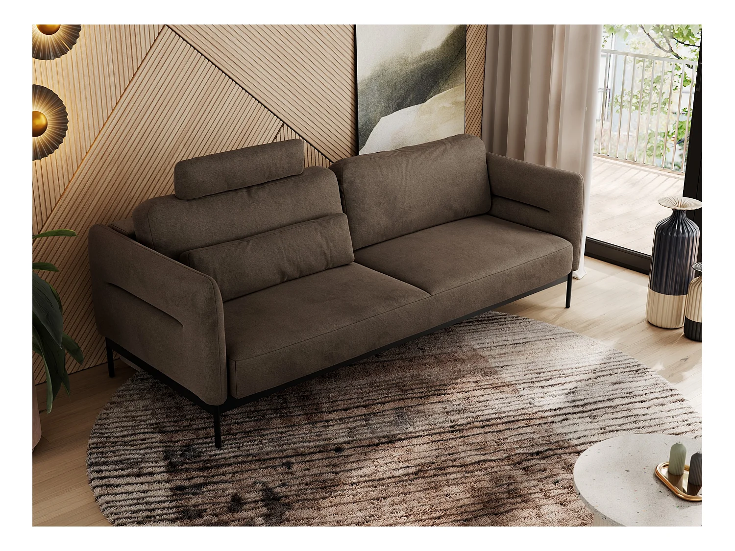 Sofa SALENTO - 3-Sitzer mit Metallbeine, mobile Kopfstütze, Schlafsofa mit lose Kissen - Braun Velvet