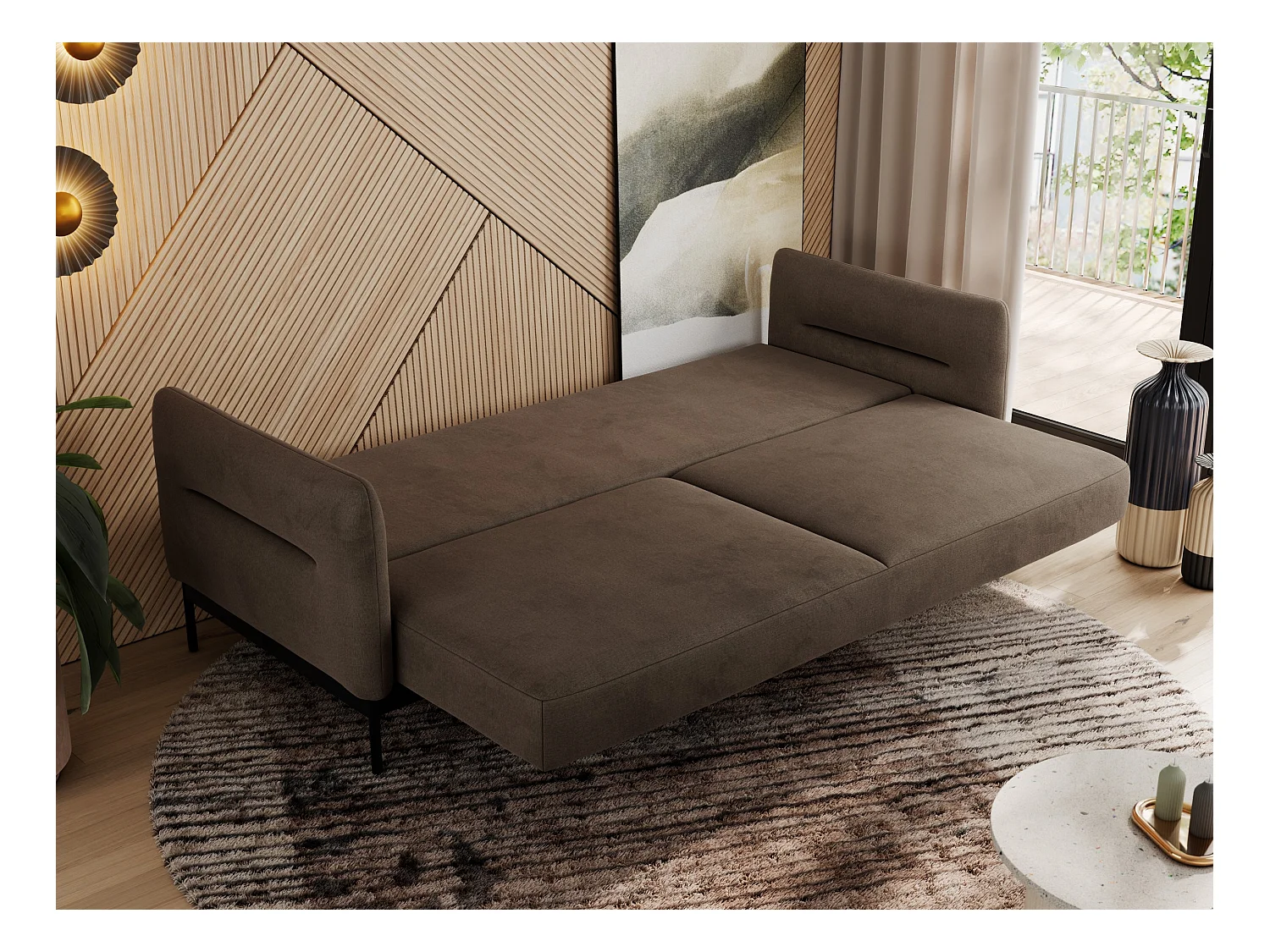 Sofa SALENTO - 3-Sitzer mit Metallbeine, mobile Kopfstütze, Schlafsofa mit lose Kissen - Braun Velvet