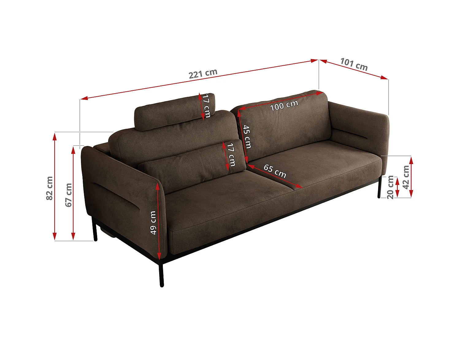 Sofa SALENTO - 3-Sitzer mit Metallbeine, mobile Kopfstütze, Schlafsofa mit lose Kissen - Braun Velvet