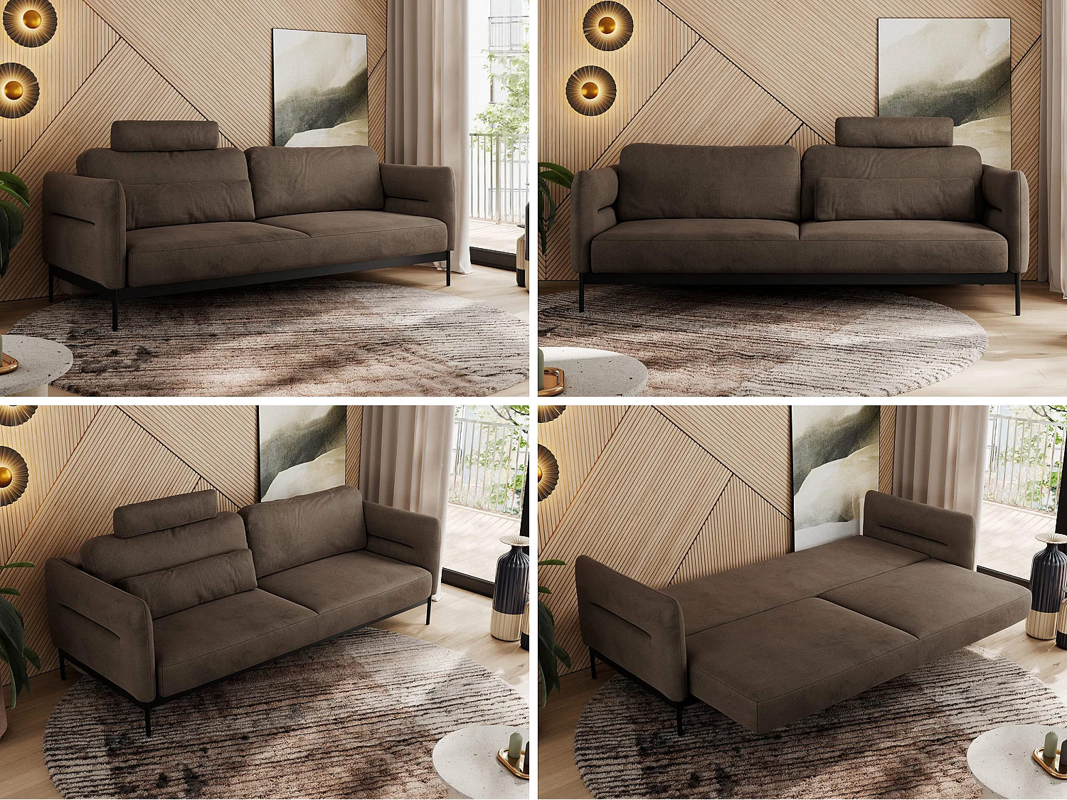 Sofa SALENTO - 3-Sitzer mit Metallbeine, mobile Kopfstütze, Schlafsofa mit lose Kissen - Braun Velvet