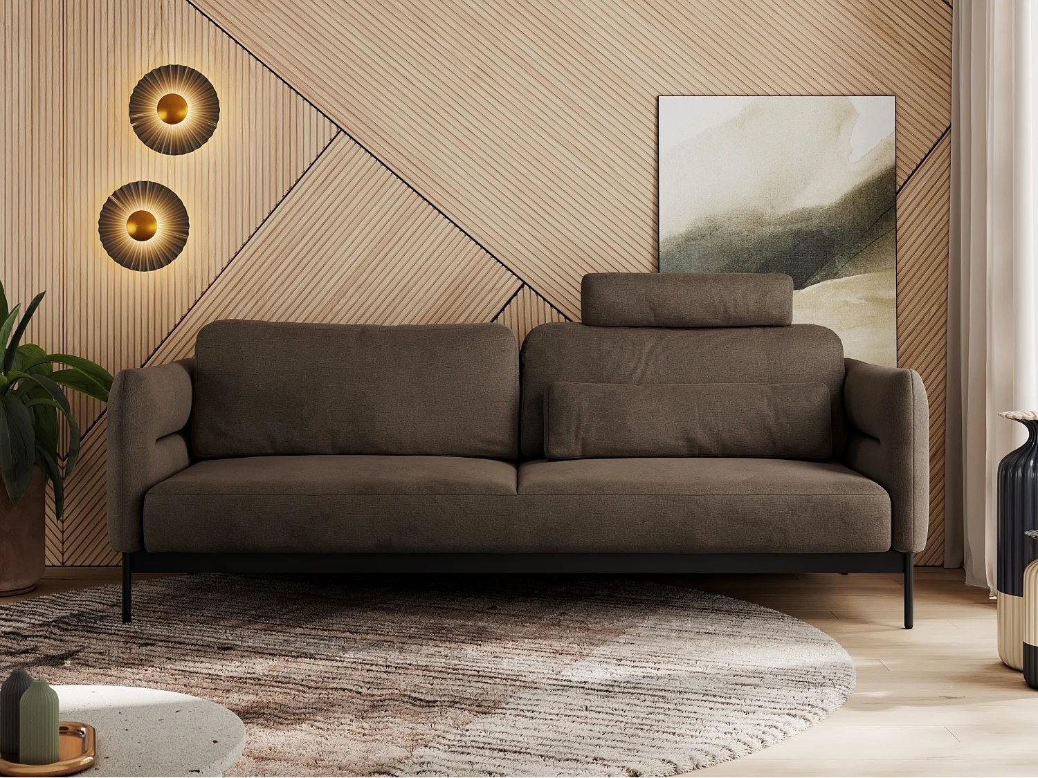 Sofa SALENTO - 3-Sitzer mit Metallbeine, mobile Kopfstütze, Schlafsofa mit lose Kissen - Braun Velvet