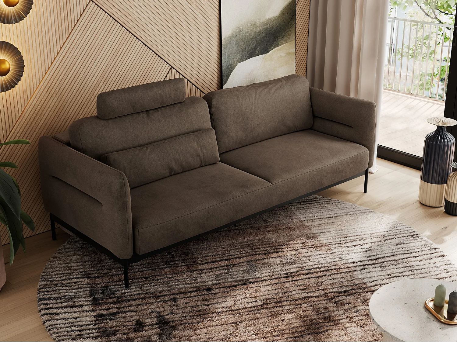 Sofa SALENTO - 3-Sitzer mit Metallbeine, mobile Kopfstütze, Schlafsofa mit lose Kissen - Braun Velvet