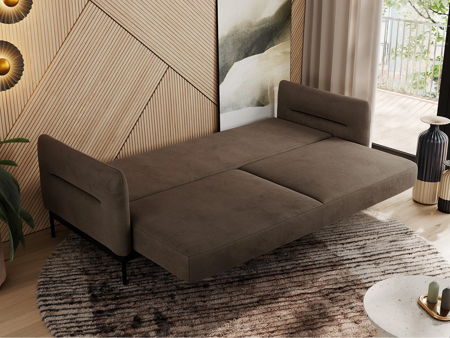 Sofa SALENTO - 3-Sitzer mit Metallbeine, mobile Kopfstütze, Schlafsofa mit lose Kissen - Braun Velvet