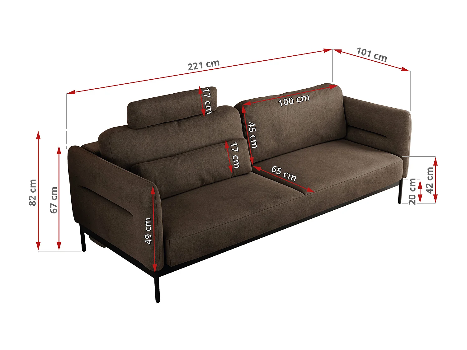 Sofa SALENTO - 3-Sitzer mit Metallbeine, mobile Kopfstütze, Schlafsofa mit lose Kissen - Braun Velvet