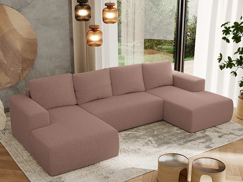 Ecksofa TRENTINO U - mit Schlaffunktion und Bettkasten, U-förmiges Wohnlandschaft, Armlehnen - Rosa Boucle