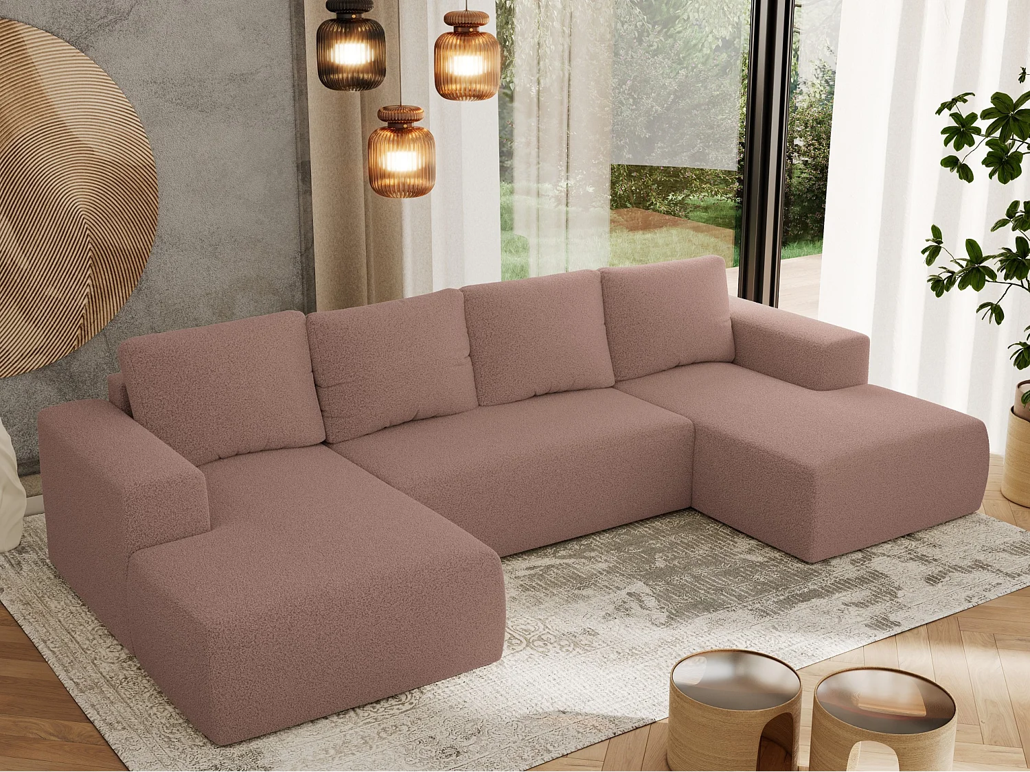 Ecksofa TRENTINO U - mit Schlaffunktion und Bettkasten, U-förmiges Wohnlandschaft, Armlehnen - Rosa Boucle