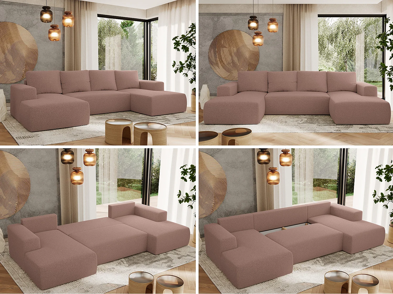 Ecksofa TRENTINO U - mit Schlaffunktion und Bettkasten, U-förmiges Wohnlandschaft, Armlehnen - Rosa Boucle