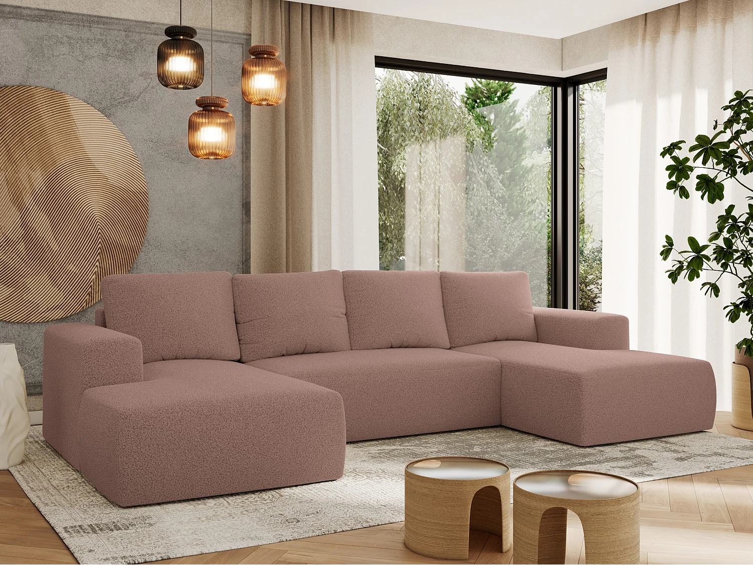 Ecksofa TRENTINO U - mit Schlaffunktion und Bettkasten, U-förmiges Wohnlandschaft, Armlehnen - Rosa Boucle