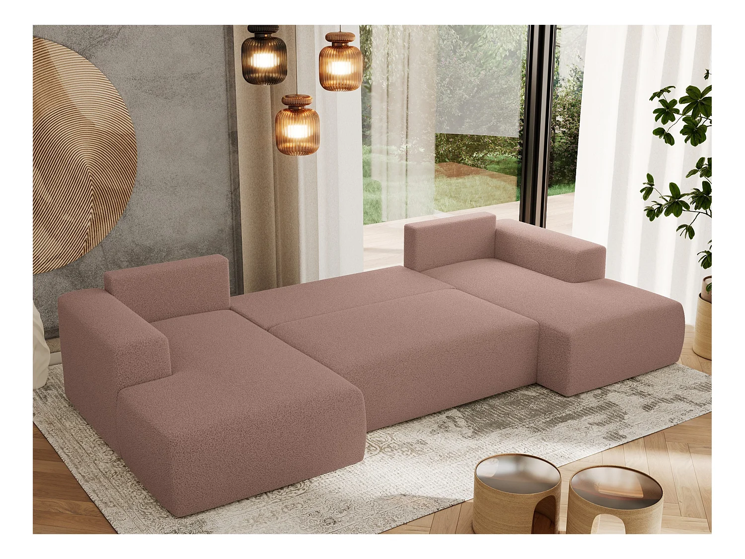 Ecksofa TRENTINO U - mit Schlaffunktion und Bettkasten, U-förmiges Wohnlandschaft, Armlehnen - Rosa Boucle
