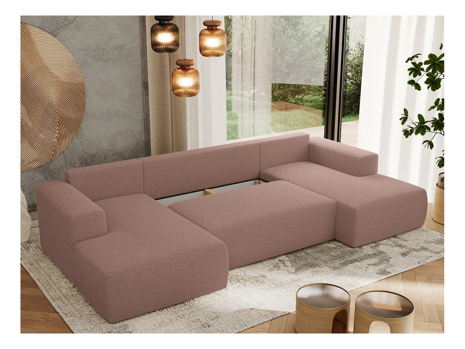 Ecksofa TRENTINO U - mit Schlaffunktion und Bettkasten, U-förmiges Wohnlandschaft, Armlehnen - Rosa Boucle