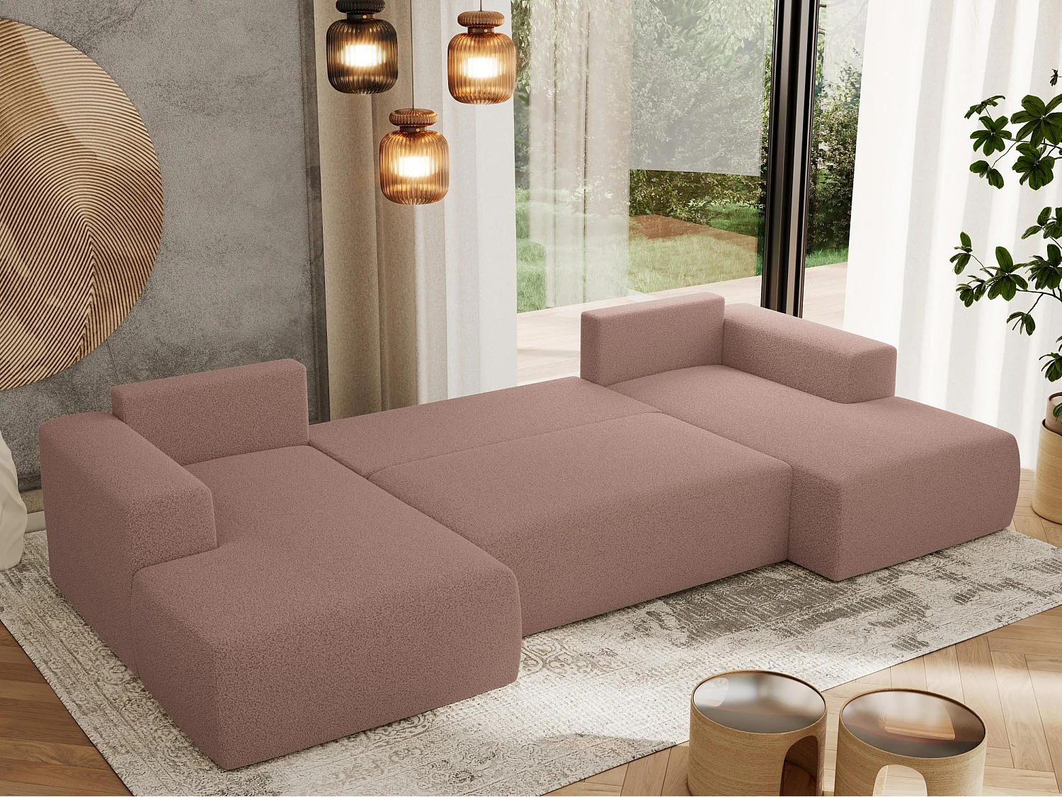 Ecksofa TRENTINO U - mit Schlaffunktion und Bettkasten, U-förmiges Wohnlandschaft, Armlehnen - Rosa Boucle