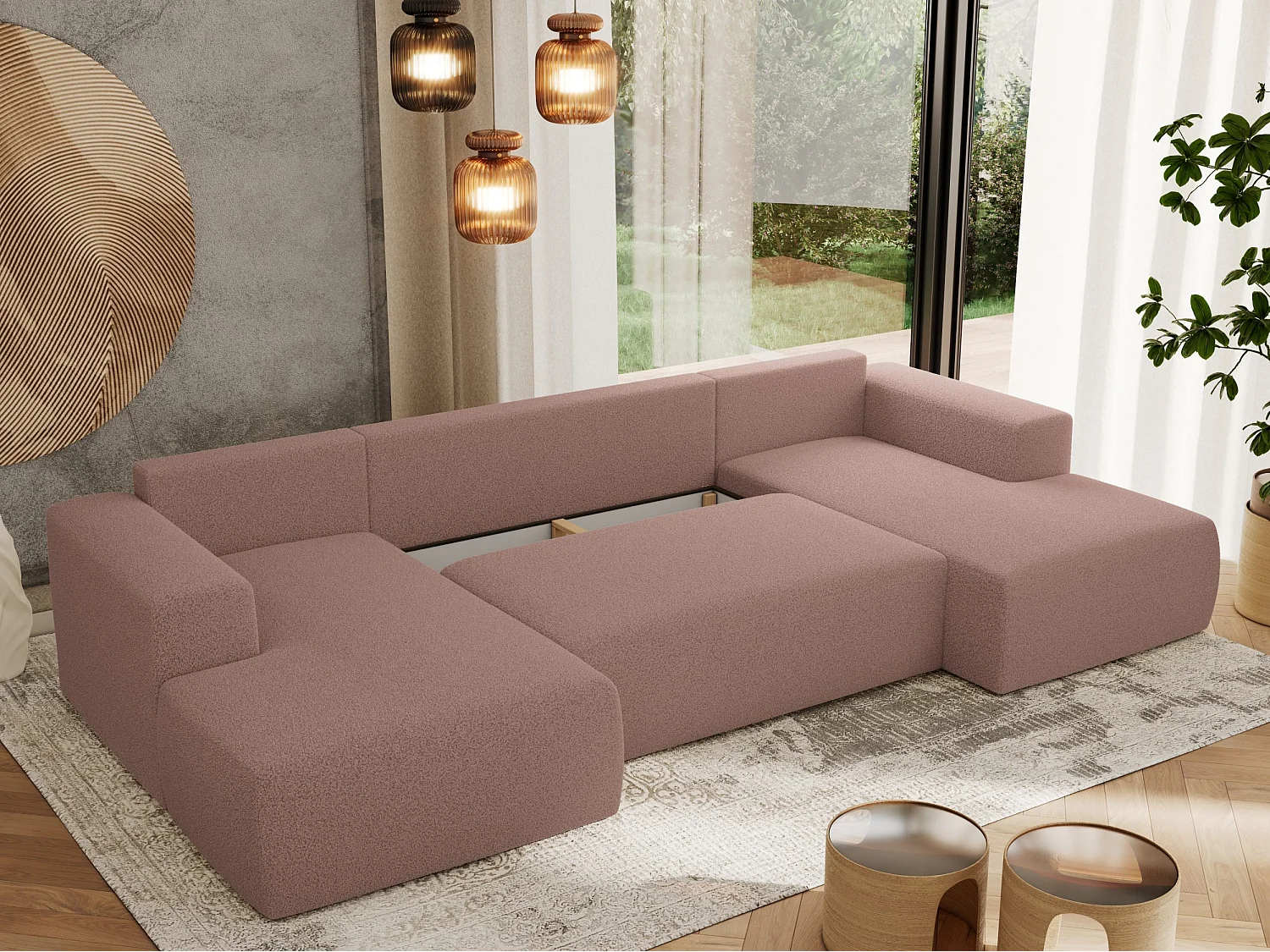 Ecksofa TRENTINO U - mit Schlaffunktion und Bettkasten, U-förmiges Wohnlandschaft, Armlehnen - Rosa Boucle