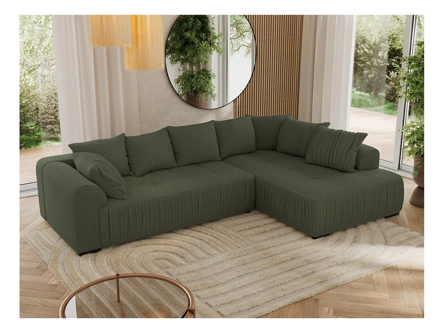 Ecksofa ORTA - Schlaffunktion und Bettkasten, lose Kissen, gesteppter Sitz, L-förmige Ecke - Grün Boucle - Ecke Rechts
