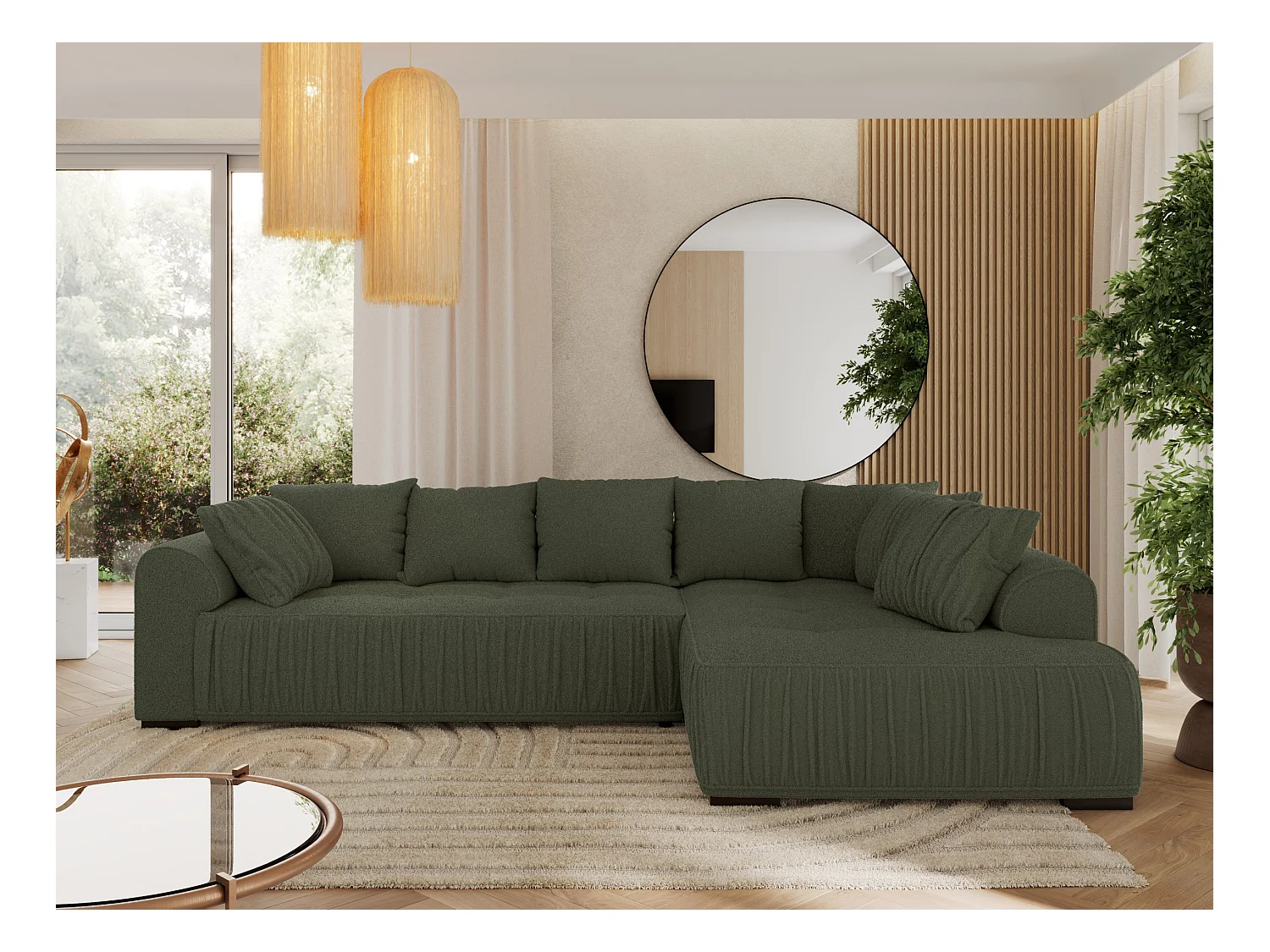 Ecksofa ORTA - Schlaffunktion und Bettkasten, lose Kissen, gesteppter Sitz, L-förmige Ecke - Grün Boucle - Ecke Rechts