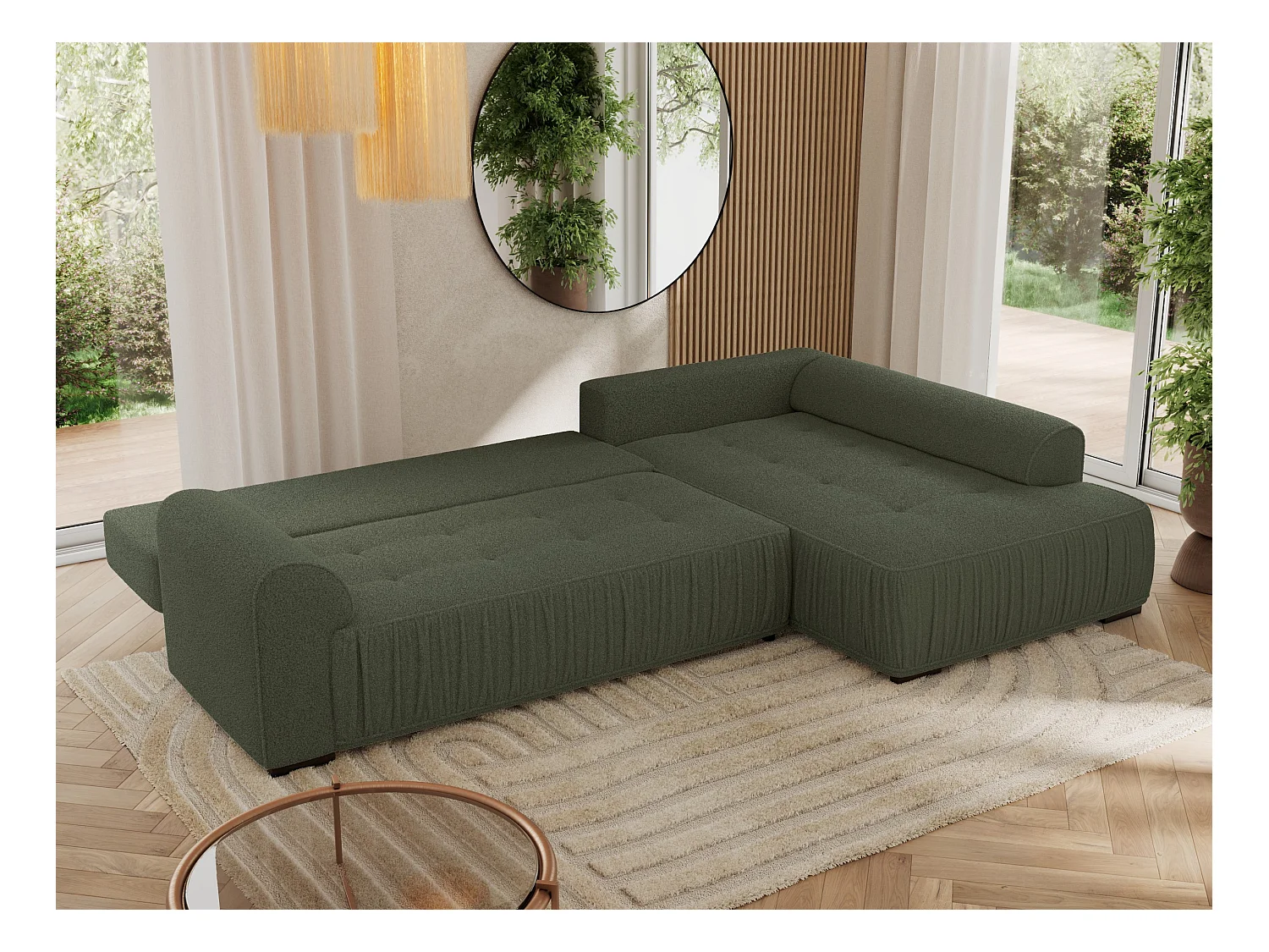 Ecksofa ORTA - Schlaffunktion und Bettkasten, lose Kissen, gesteppter Sitz, L-förmige Ecke - Grün Boucle - Ecke Rechts