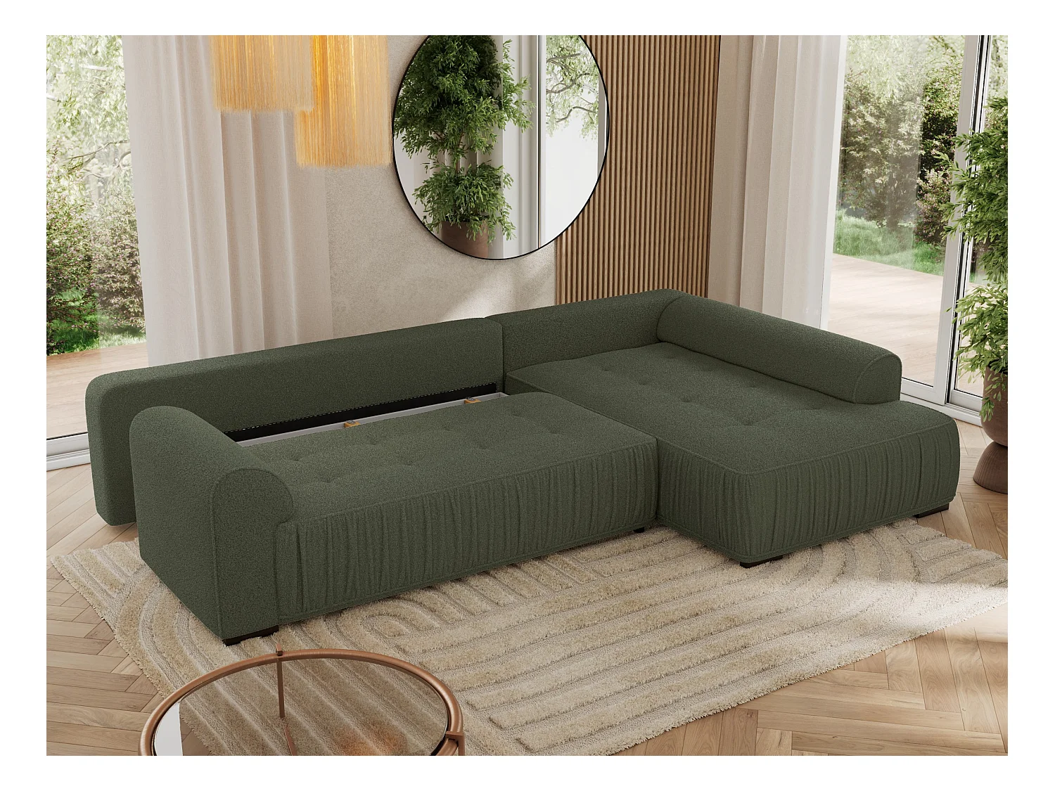 Ecksofa ORTA - Schlaffunktion und Bettkasten, lose Kissen, gesteppter Sitz, L-förmige Ecke - Grün Boucle - Ecke Rechts