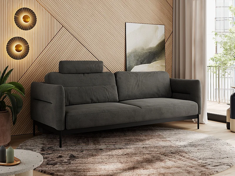 Sofa SALENTO - 3-Sitzer mit Metallbeine, mobile Kopfstütze, Schlafsofa mit lose Kissen - Dunkelgrau Velvet