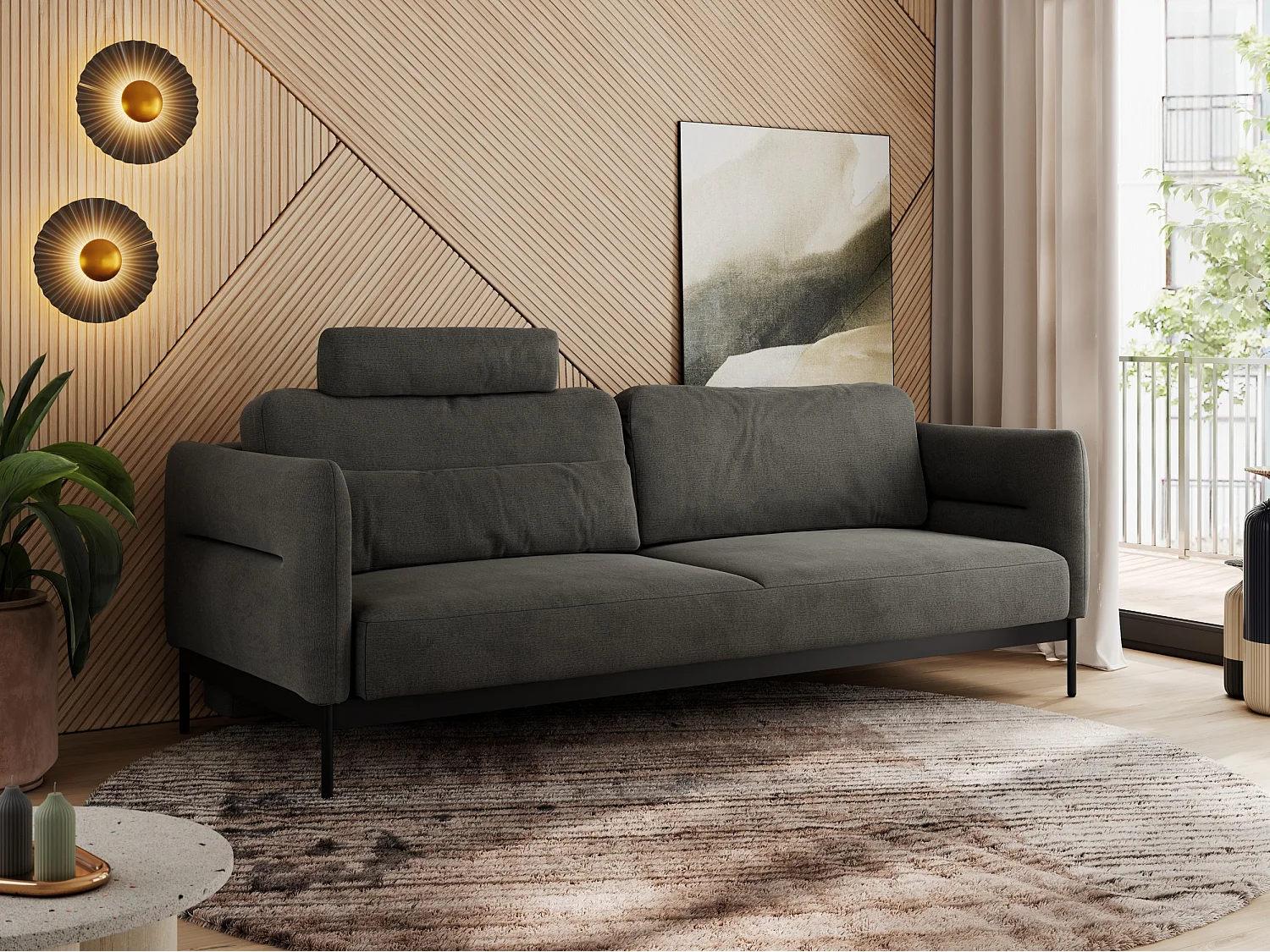 Sofa SALENTO - 3-Sitzer mit Metallbeine, mobile Kopfstütze, Schlafsofa mit lose Kissen - Dunkelgrau Velvet