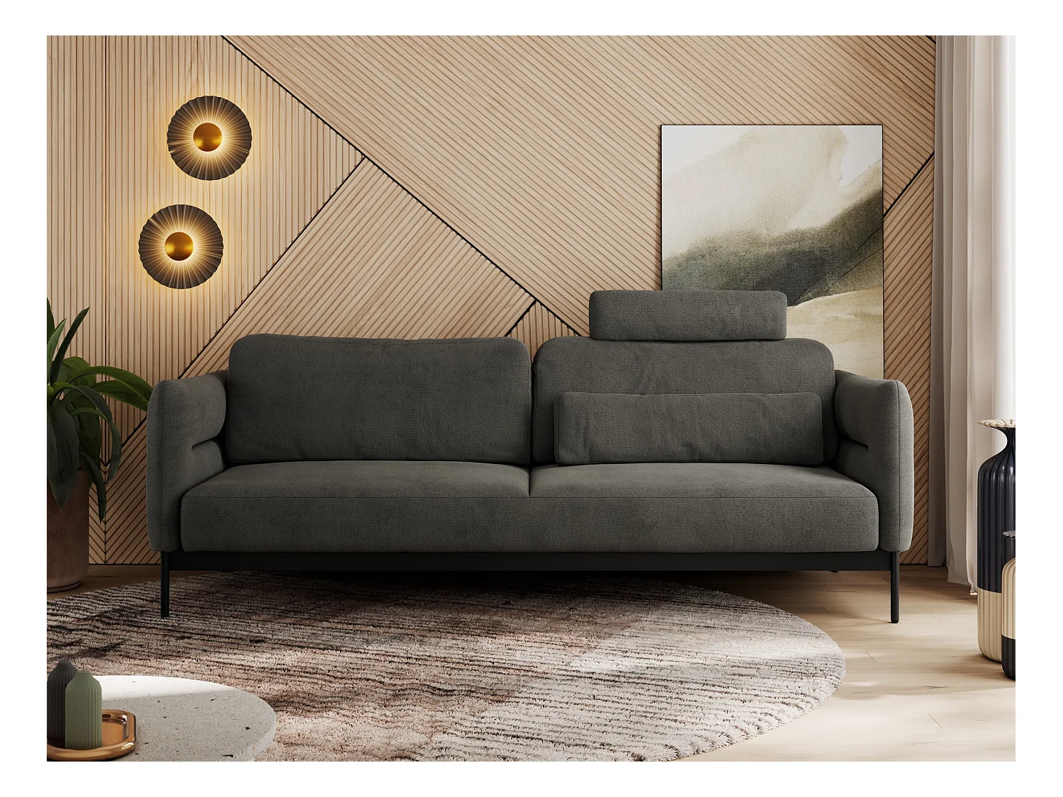 Sofa SALENTO - 3-Sitzer mit Metallbeine, mobile Kopfstütze, Schlafsofa mit lose Kissen - Dunkelgrau Velvet