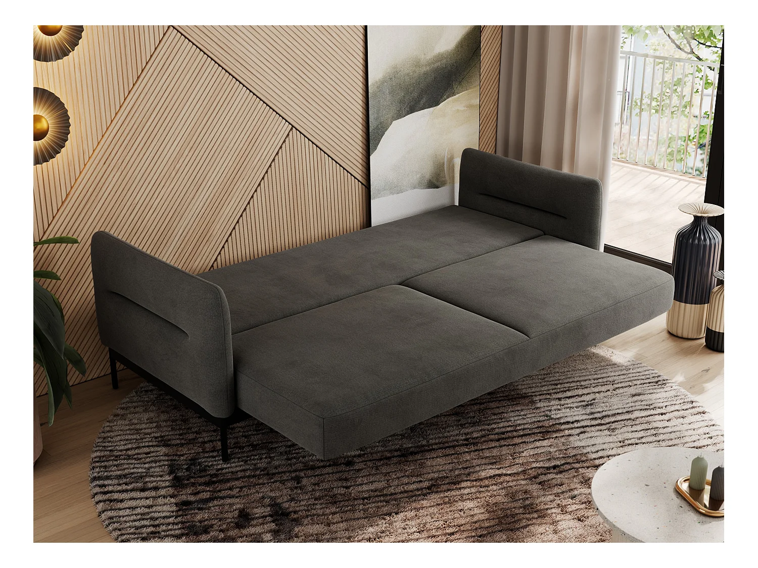 Sofa SALENTO - 3-Sitzer mit Metallbeine, mobile Kopfstütze, Schlafsofa mit lose Kissen - Dunkelgrau Velvet