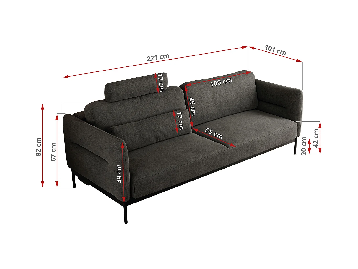Sofa SALENTO - 3-Sitzer mit Metallbeine, mobile Kopfstütze, Schlafsofa mit lose Kissen - Dunkelgrau Velvet