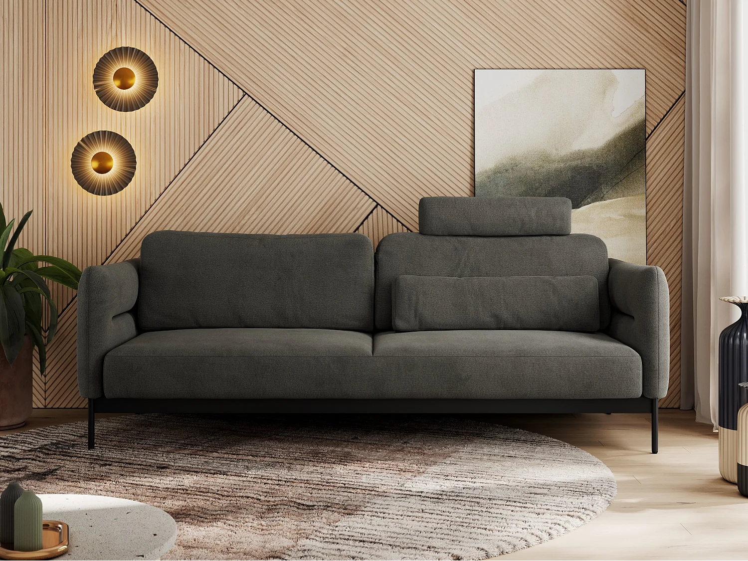 Sofa SALENTO - 3-Sitzer mit Metallbeine, mobile Kopfstütze, Schlafsofa mit lose Kissen - Dunkelgrau Velvet