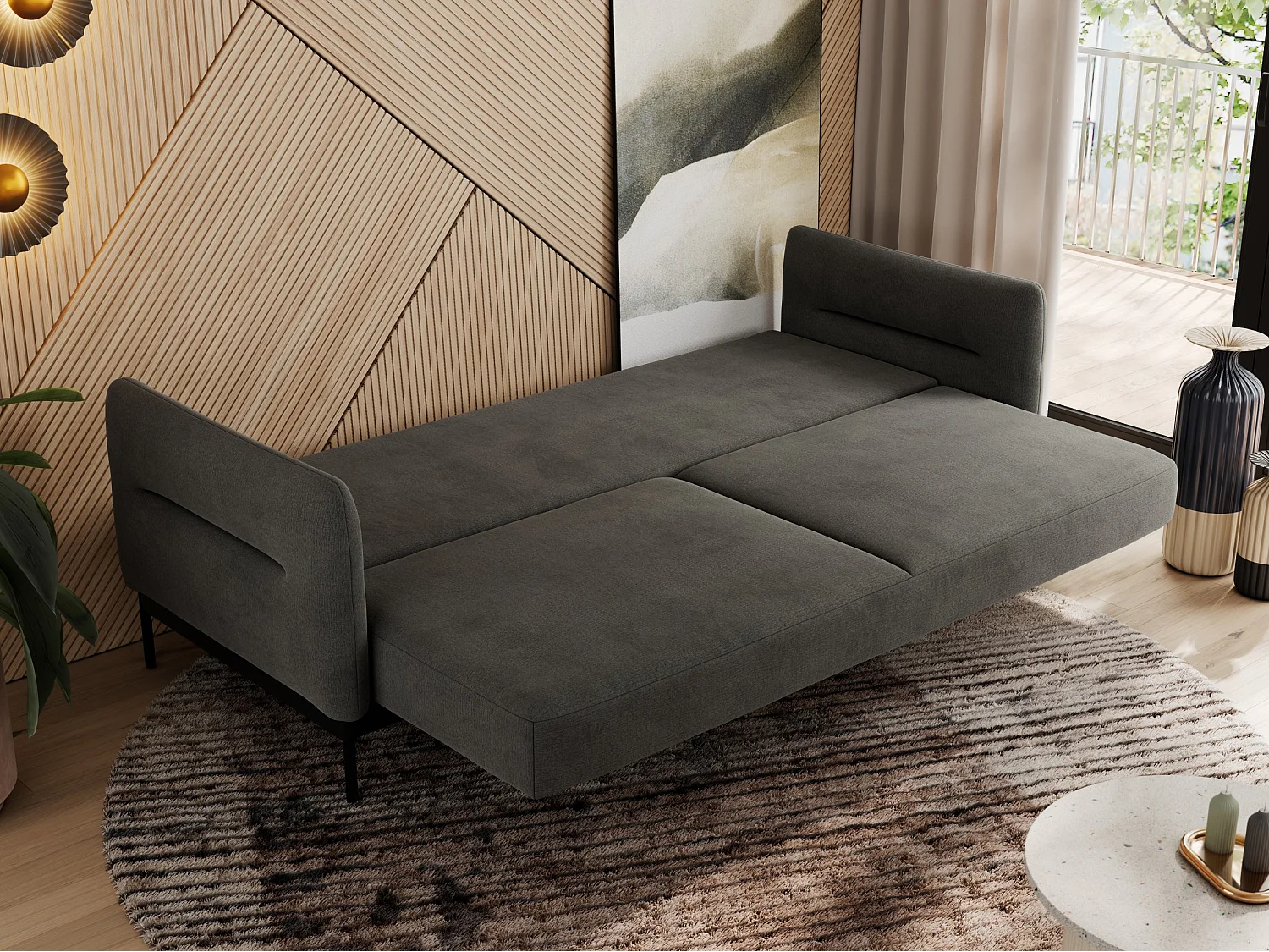 Sofa SALENTO - 3-Sitzer mit Metallbeine, mobile Kopfstütze, Schlafsofa mit lose Kissen - Dunkelgrau Velvet