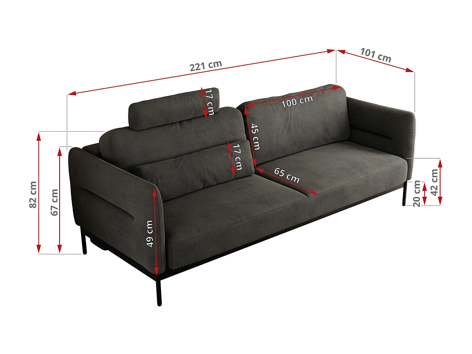 Sofa SALENTO - 3-Sitzer mit Metallbeine, mobile Kopfstütze, Schlafsofa mit lose Kissen - Dunkelgrau Velvet