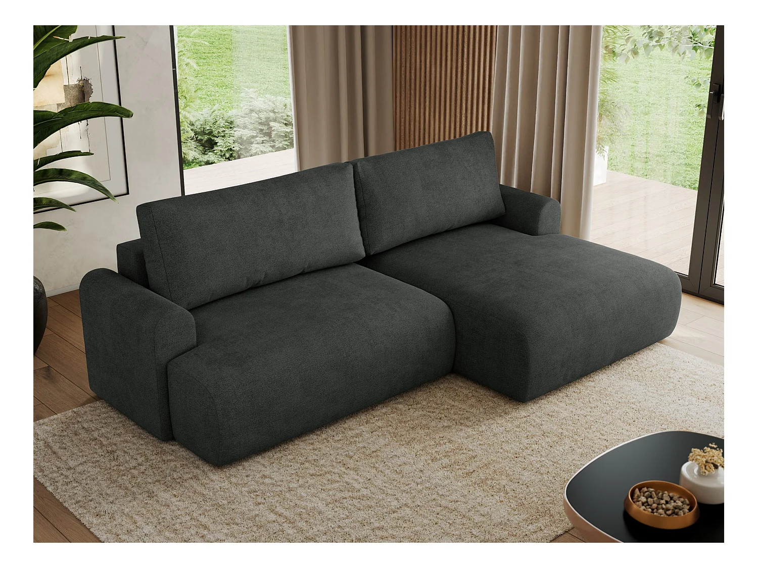 Ecksofa TONO - mit Schlaffunktion und Bettkasten, L-form Ecke, Armlehnen - Dunkelgrau Struktur - Ecke Rechts