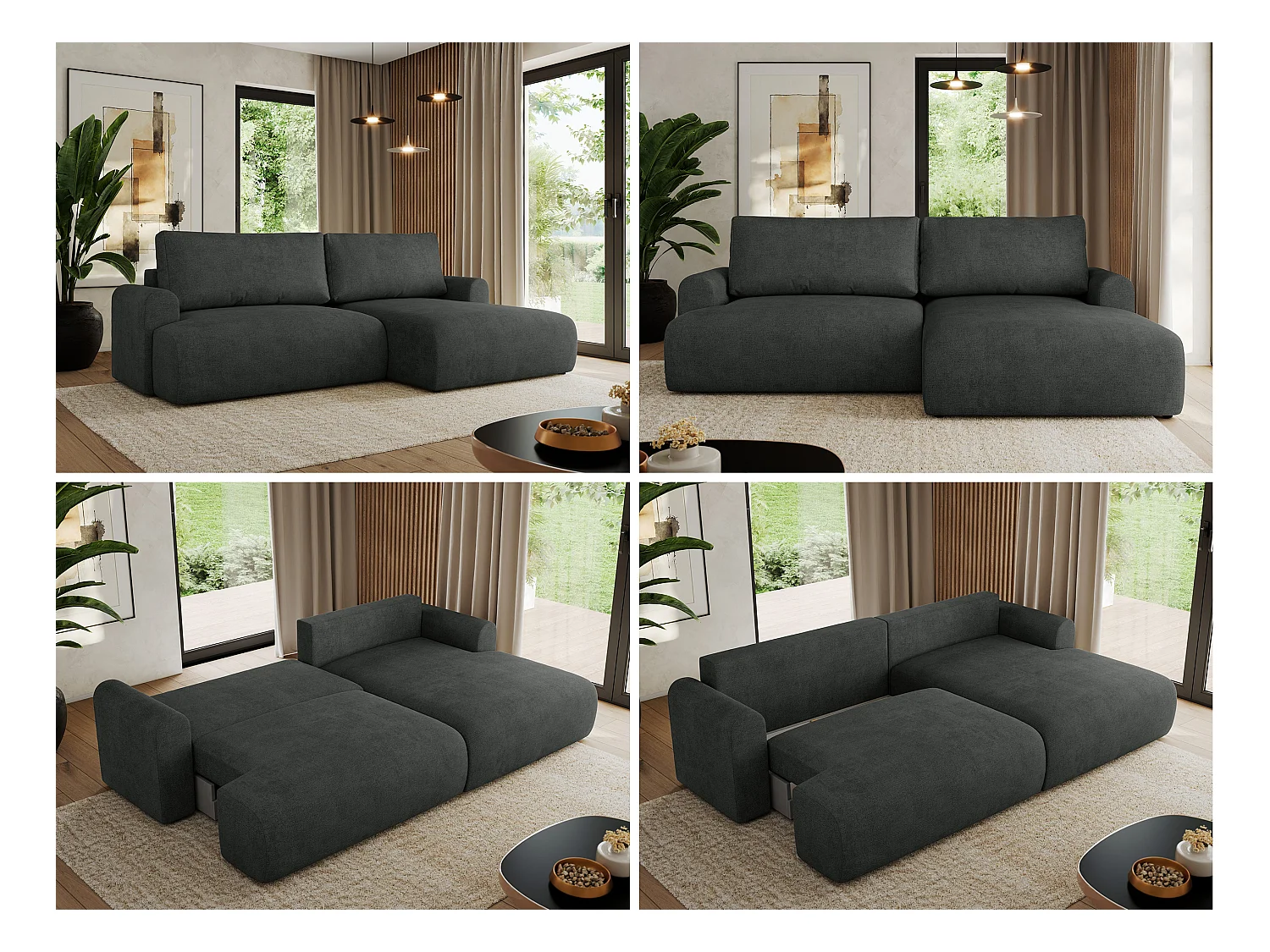 Ecksofa TONO - mit Schlaffunktion und Bettkasten, L-form Ecke, Armlehnen - Dunkelgrau Struktur - Ecke Rechts